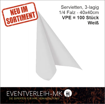 Serviette, 3-lagig 1/4 Falz - weiß - VERKAUFSARTIKEL