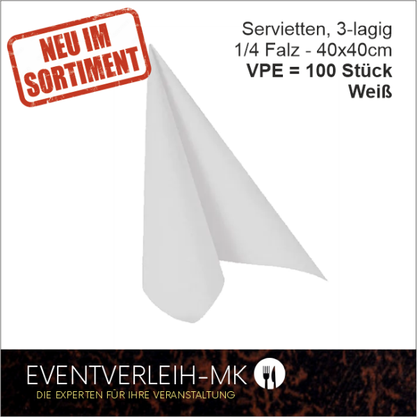 Serviette, 3-lagig 1/4 Falz - weiß - VERKAUFSARTIKEL