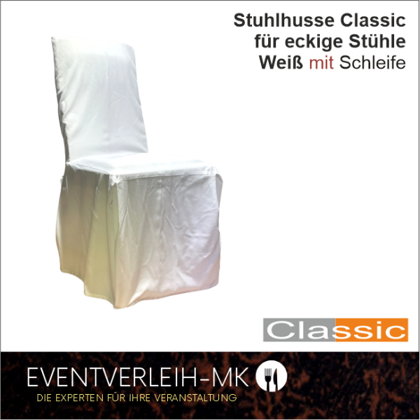 Musterhusse - Ausführung Stuhlhusse eckig mit Schleife - weiß