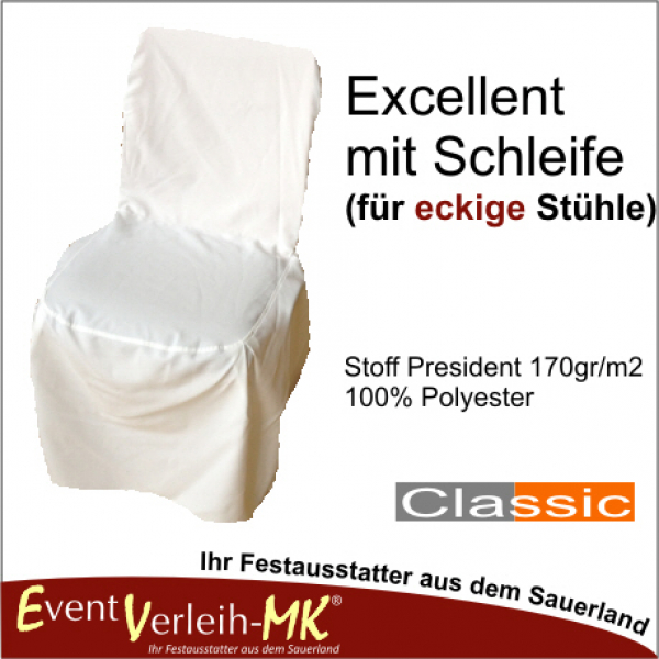 Stuhlhusse - eckig -  mit Schleife - weiß - inkl. Reinigung und Bügeln